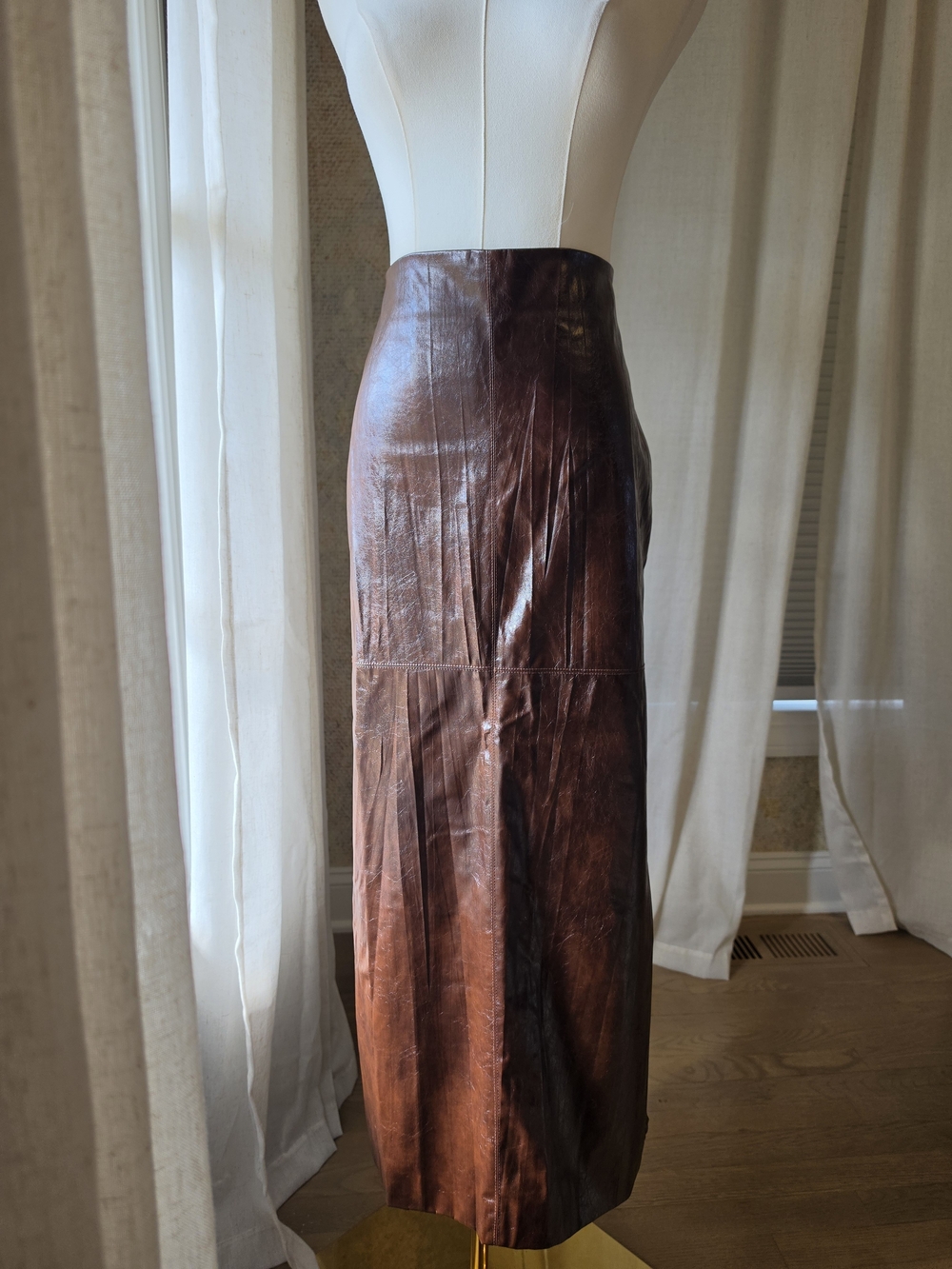 Topshop High Shine Faux Leather Brown Midi Pencil Skirt US 8